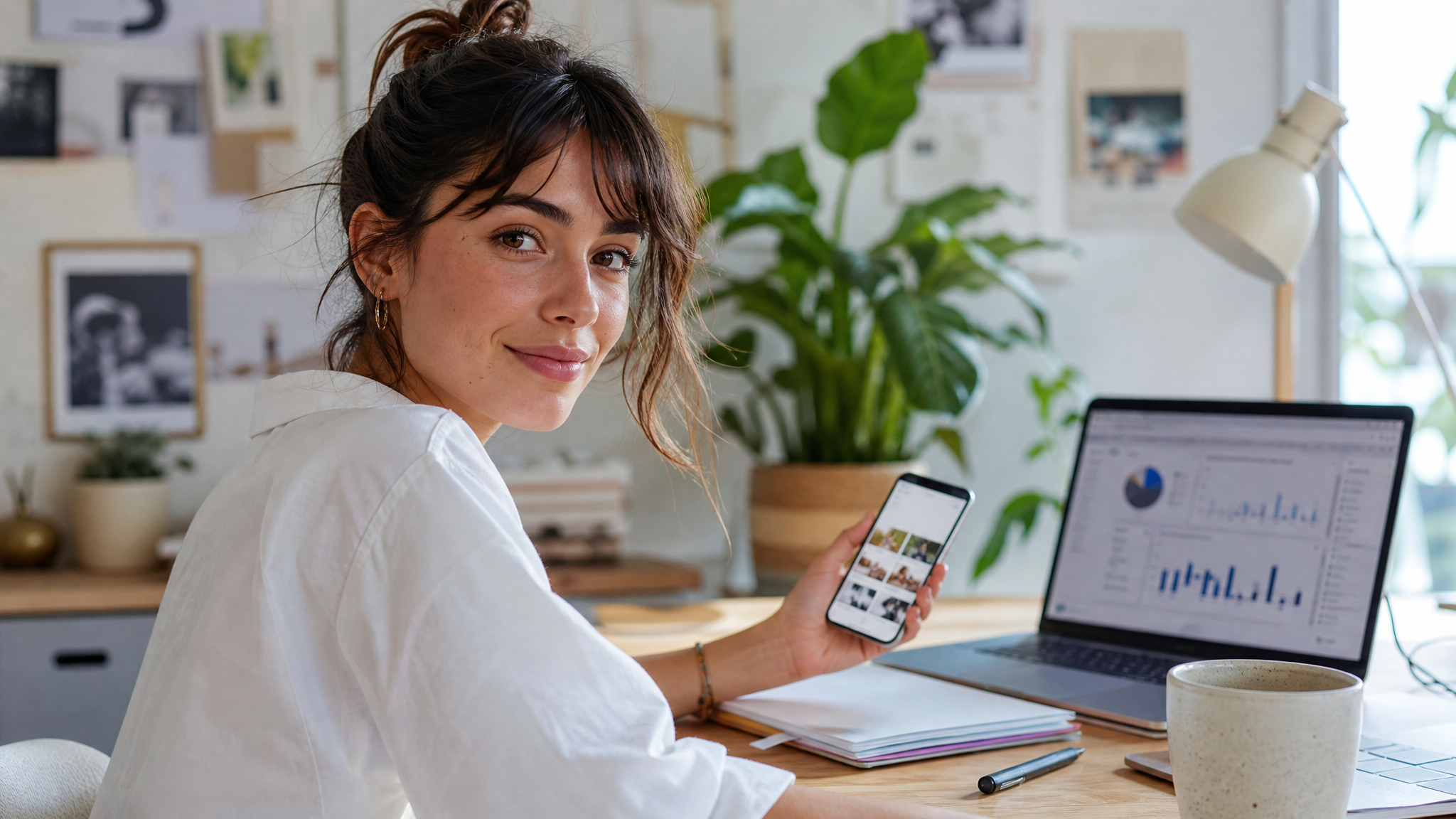 Community manager au travail avec smartphone et ordinateur portable